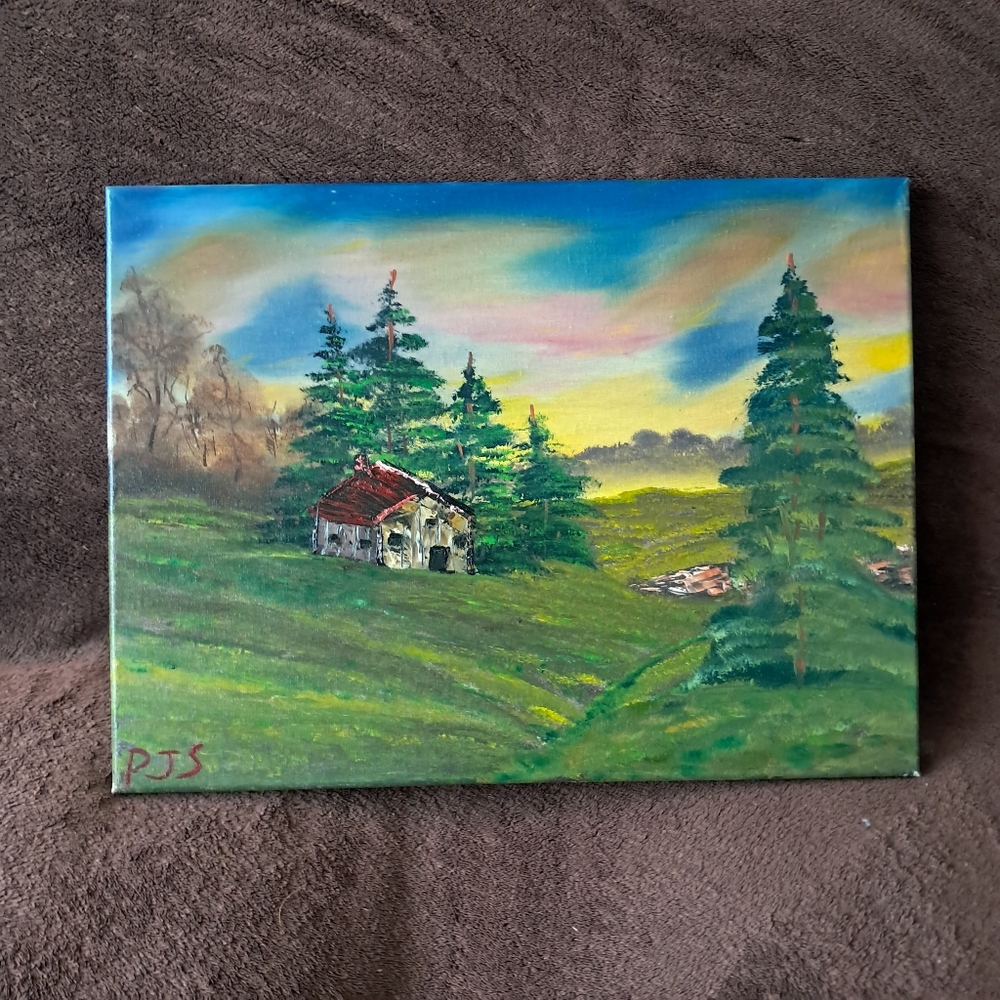 Bob Ross Inspired Hand Painted Canvas Oil Paint Cabin